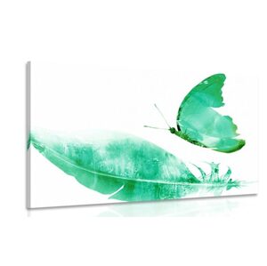 Obraz pírko s motýlem v zeleném provedení