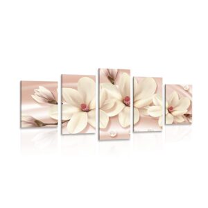 5-dílný obraz luxusní magnolie s perlami