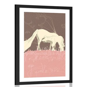 Plakát s paspartou kůň na růžové louce