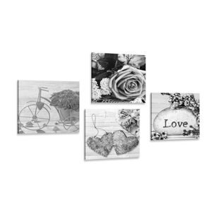 Set obrazů černobílé zátiší s nápisem Love